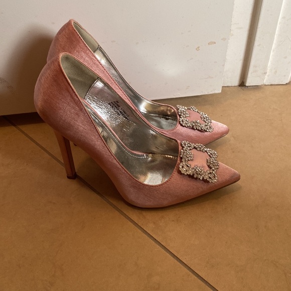Pink Satin Jeweled Pumps - Picture 2 of 4